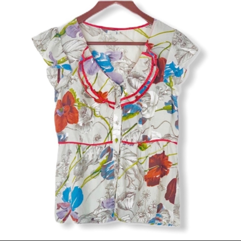 🌞Odille Anthro floral ruffle silk peplum top